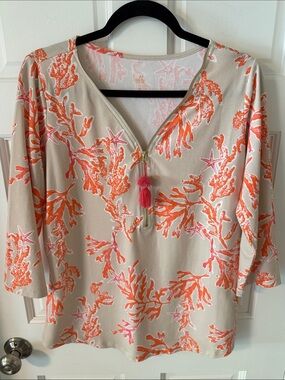 Belle by Kim Gravel Knit Ciao Bella! Tassel Zip Top Amalfi Coral Print Small